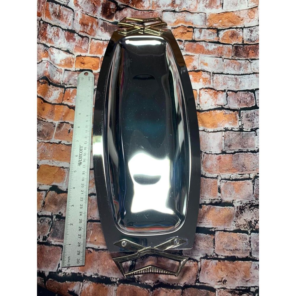 Vintage Kromex MCM Bread Roll Serving Tray Shiny Silver Tone Brass Handles USA